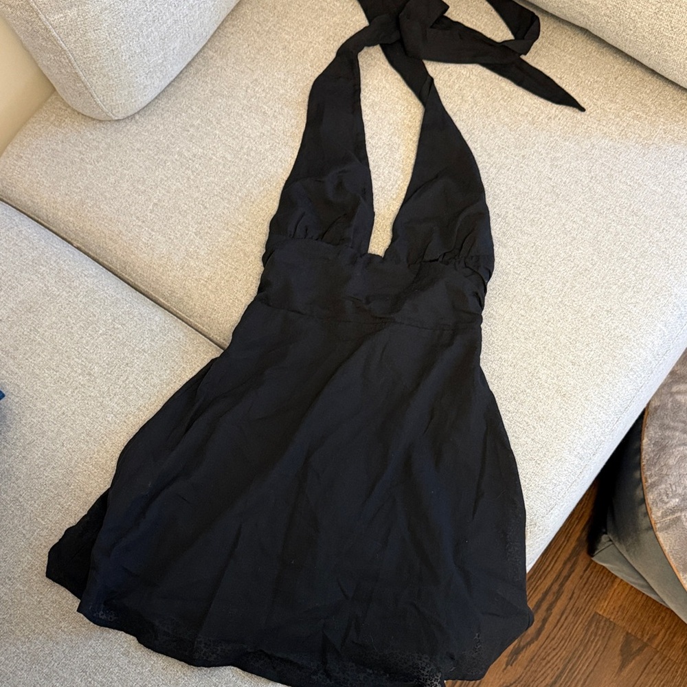 Linen Style Mini Black Halter Dress